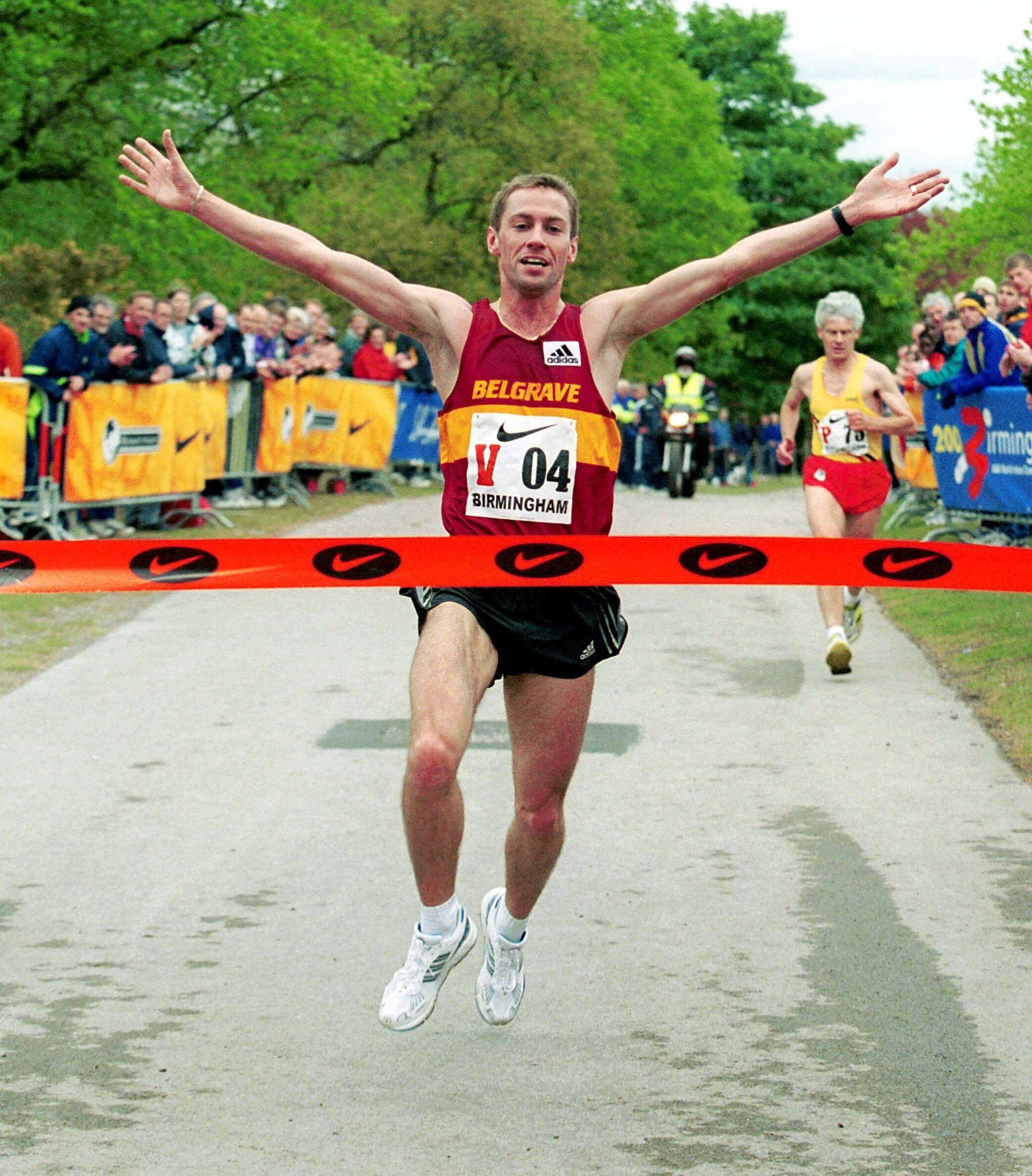  Paul Freary brings Belgrave home first in the National 12-Stage Road Relay at Sutton Park, 2002, the club's first win in the race for 51 years. Photo: Mark Shearman, via  Alan Mead's archive  