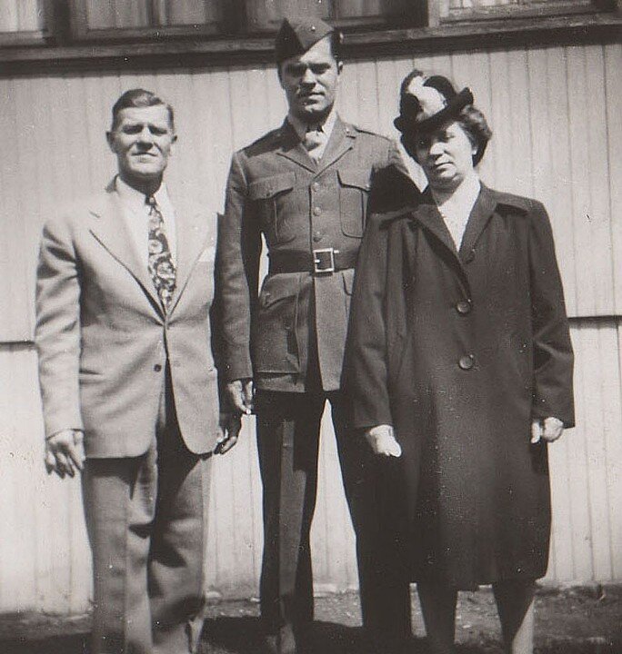 Peter Martin (center) with his parents, George Klauba's grandparents, 1945
