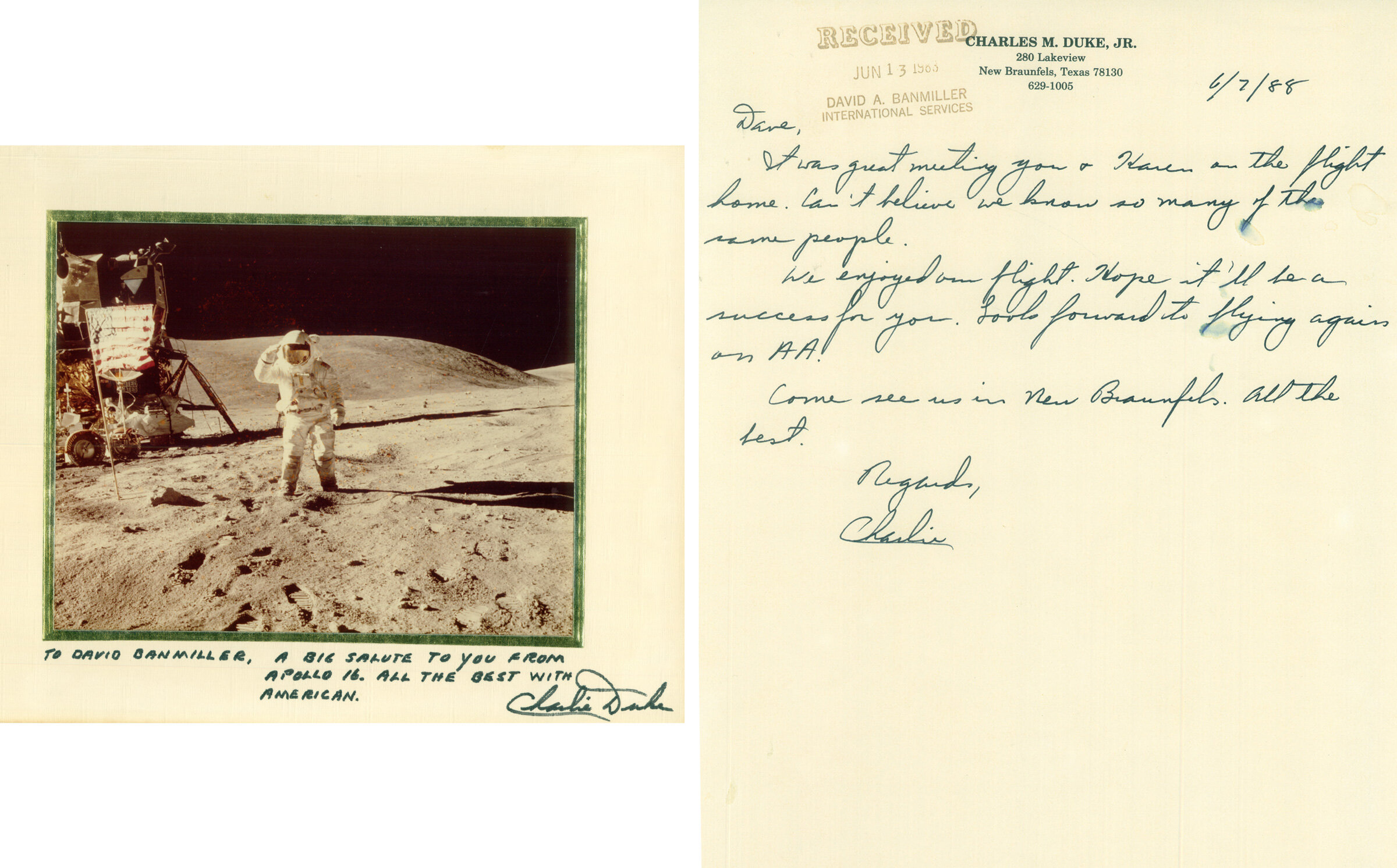  A letter and signed photo of himself on the moon from astronaut Charlie Duke, who I met on a flight. 