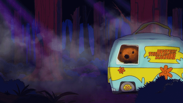 Animated scene of a forest with a mysterious, foggy atmosphere. A cartoon van resembling the Mystery Machine from Scooby-Doo, with a bear's face visible through the window, parked among trees and bushes.