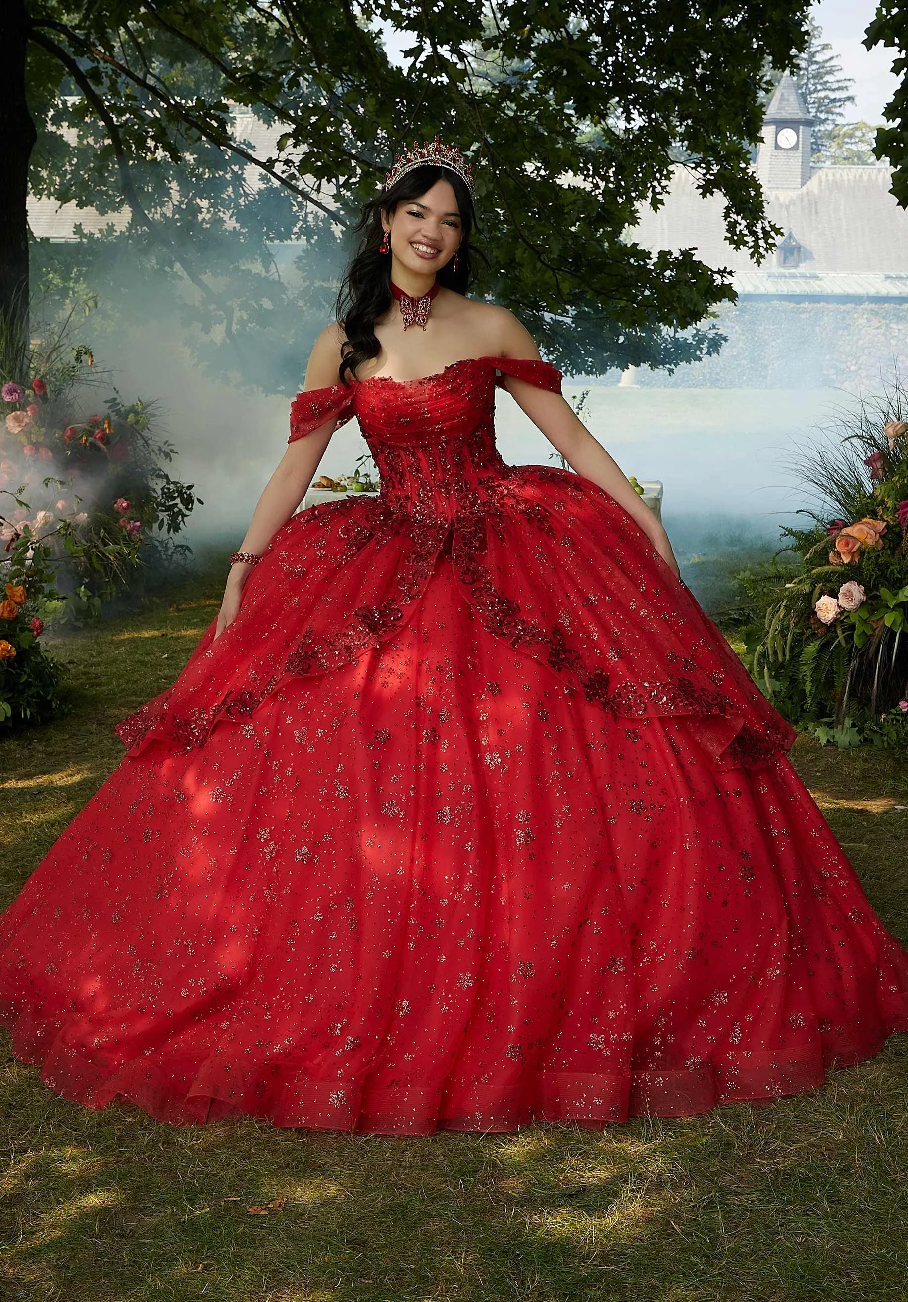 Contrasting Floral Beading Quinceañera Dress with Rhinestone Trim by Morilee - Style 34103