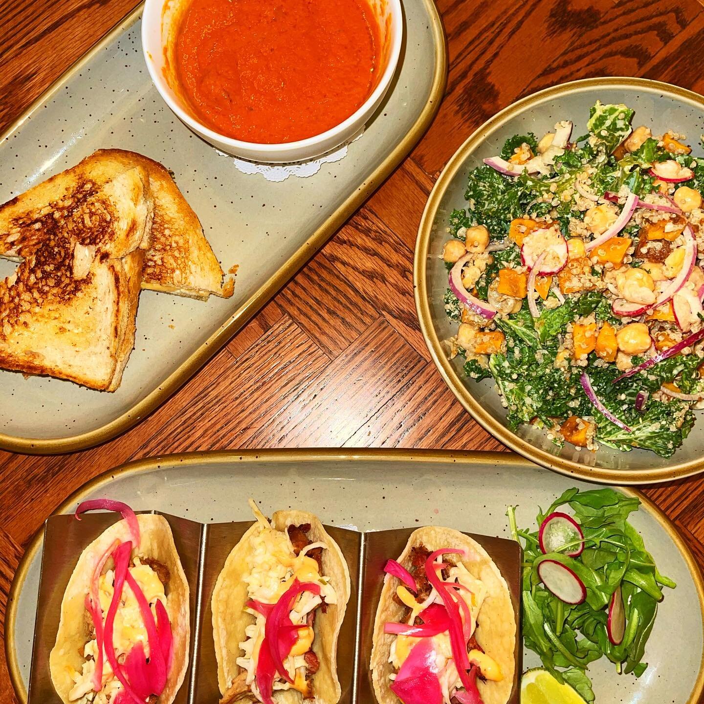 Some items from our new food menu 😋 Soup, Salad, Tacos & Grilled Cheese ✨