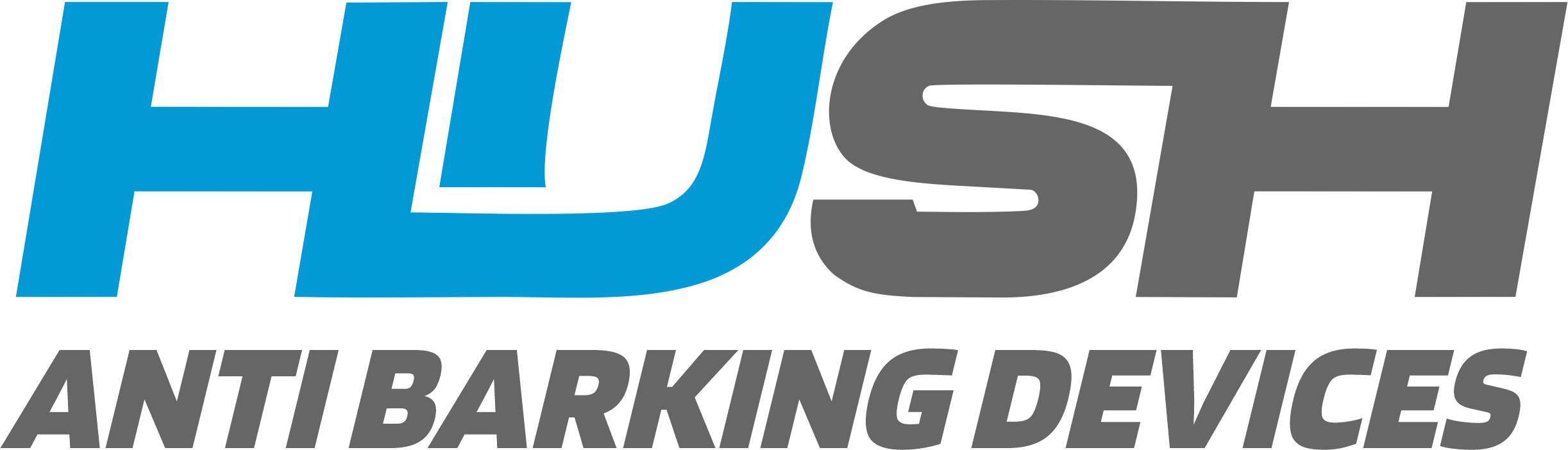 Logo of HUSH Anti Barking Devices, with the word 'HUSH' in blue and gray bold letters and 'ANTI BARKING DEVICES' in gray