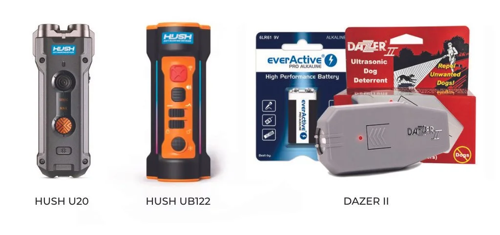 Portable dog anti-barking devices and batteries, including HUSH U20, HUSH UB122, and Dazer II ultrasonic dog deterrent.