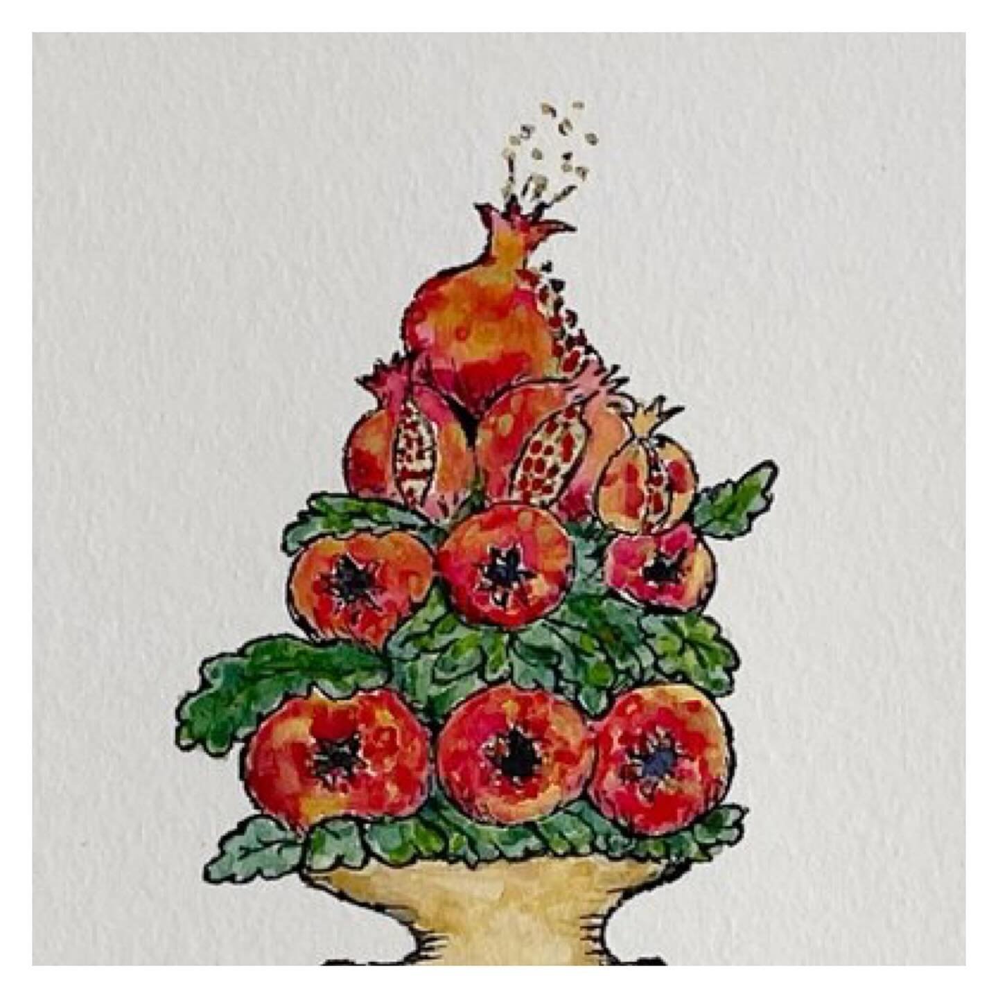 The Pomegranate 
Hand-painted in Provence. 21 April 2024. 

Signed by the artist on the back. 

Masterwork line drawing,  illustrated by the artist. Pen on cold press 300gsm  fine paper. Printed and handpainted with watercolour. 

Features: The highl