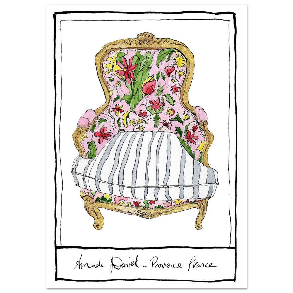 Fleurie Francaise 18th`C. Bergère Chair. By AMANDA DANIEL.  Fine Art Print.