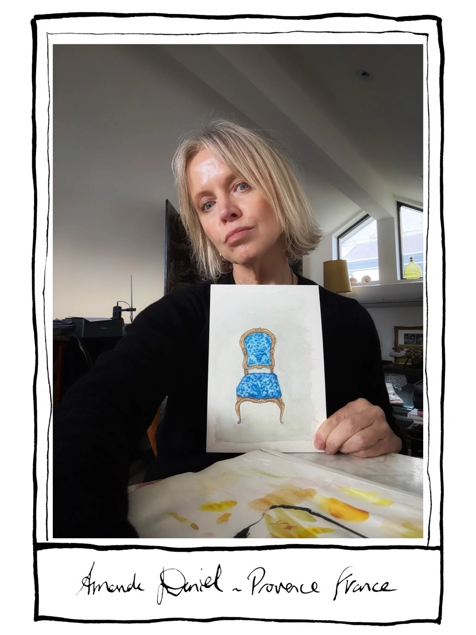 Two peices of unfinished work .
Me &amp; my chair 🪑. 

La Femme Atelier💋

NEW NEWSLETTER IS UP @substack 
AmandaDaniel.com
Ink &amp; watercolour artist in Provence.
Originals &amp; fine art prints available online.
A glimpse into the artist&rsquo;s