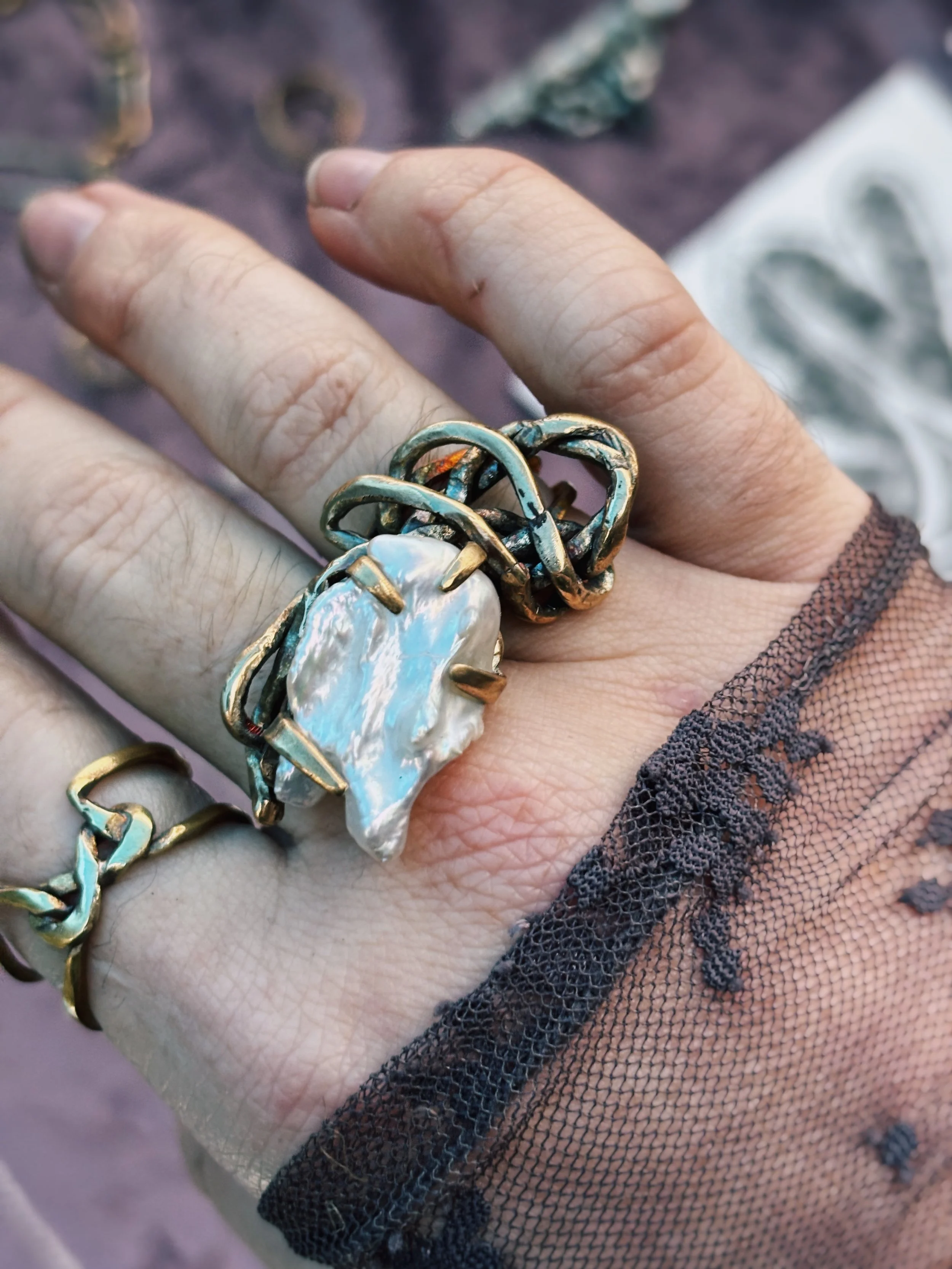 Brass and Pearl Ring (Size 6.5)