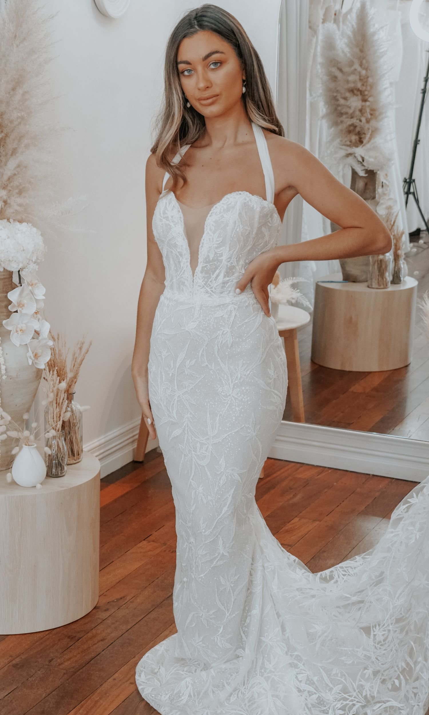 T222057 Beautiful Bold Lace Fit and Flare Gown with Angelic Sleeves and  Plunging V Back