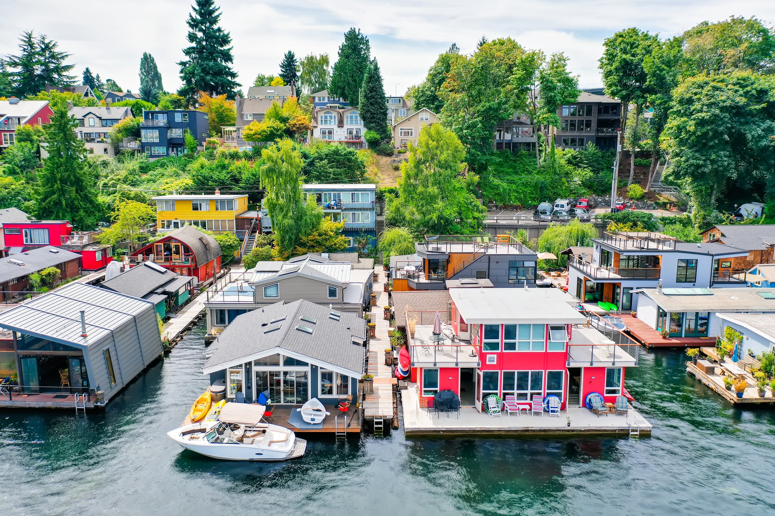 Three end of dock houseboats in Seattle in the Portage Bay neighborhood.