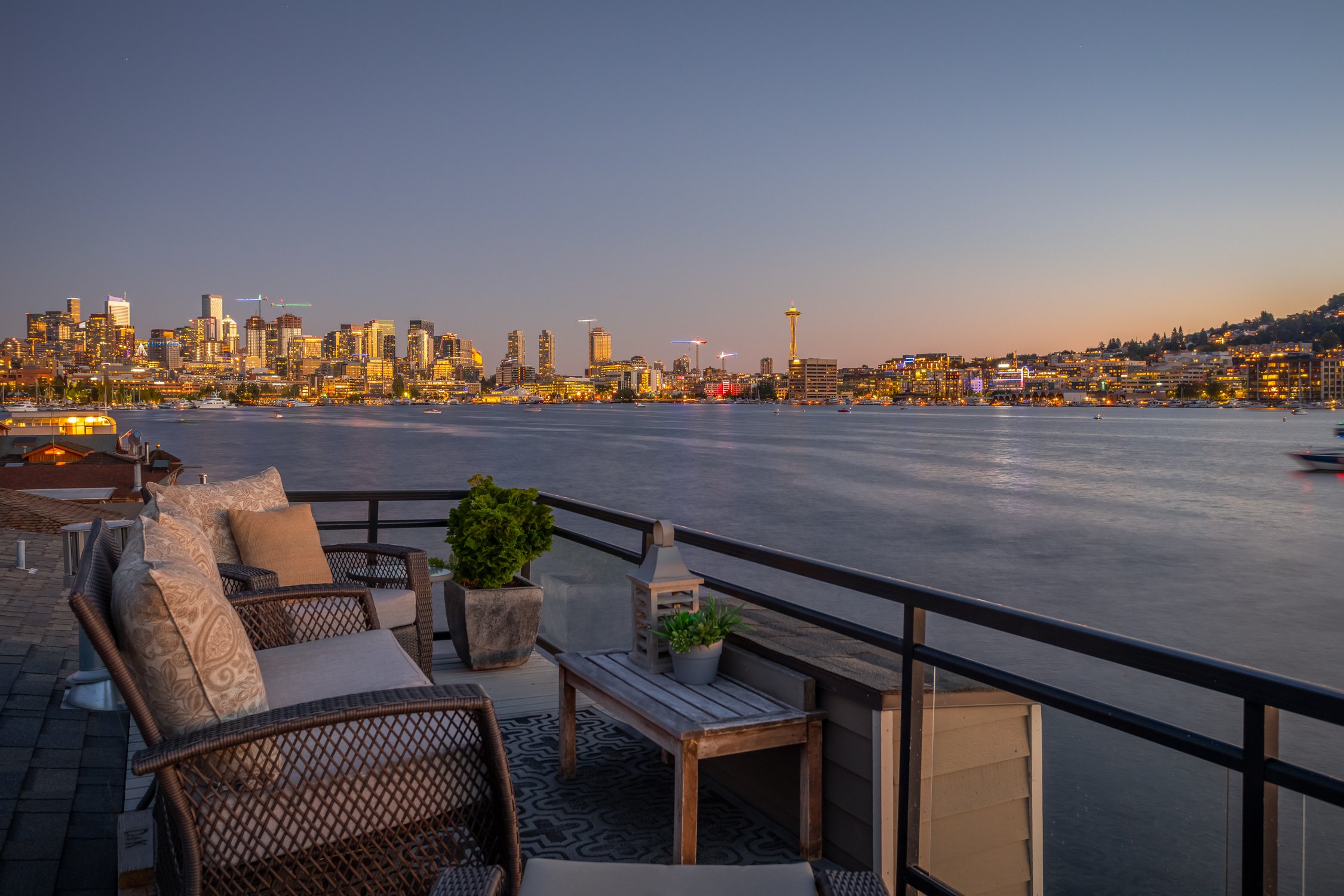 Deck from Seattle Houseboat (floating home) #H at the Lake Union Co-op dock with space needle views