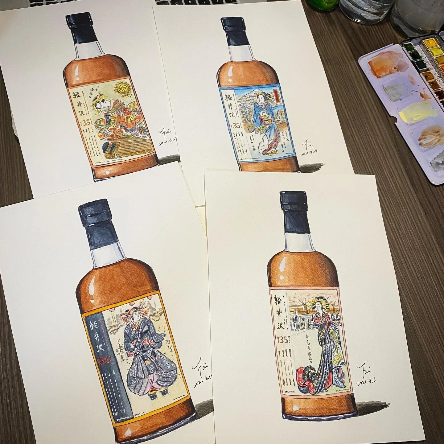 A set is completed, more are coming!! #whisky #karuizawa #whiskypainting #whiskylover #whiskyporn #japanesewhisky #whiskygram #geishawhisky #ウイスキー #ウイスキー愛好家 #ウイスキー好きな人と繋がりたい #ウイスキーバー #軽井沢ウイスキー #芸者 #威士忌 #威士忌酒 #日本威士忌 #威士忌酒吧 #watercolor #painting #水彩 #a