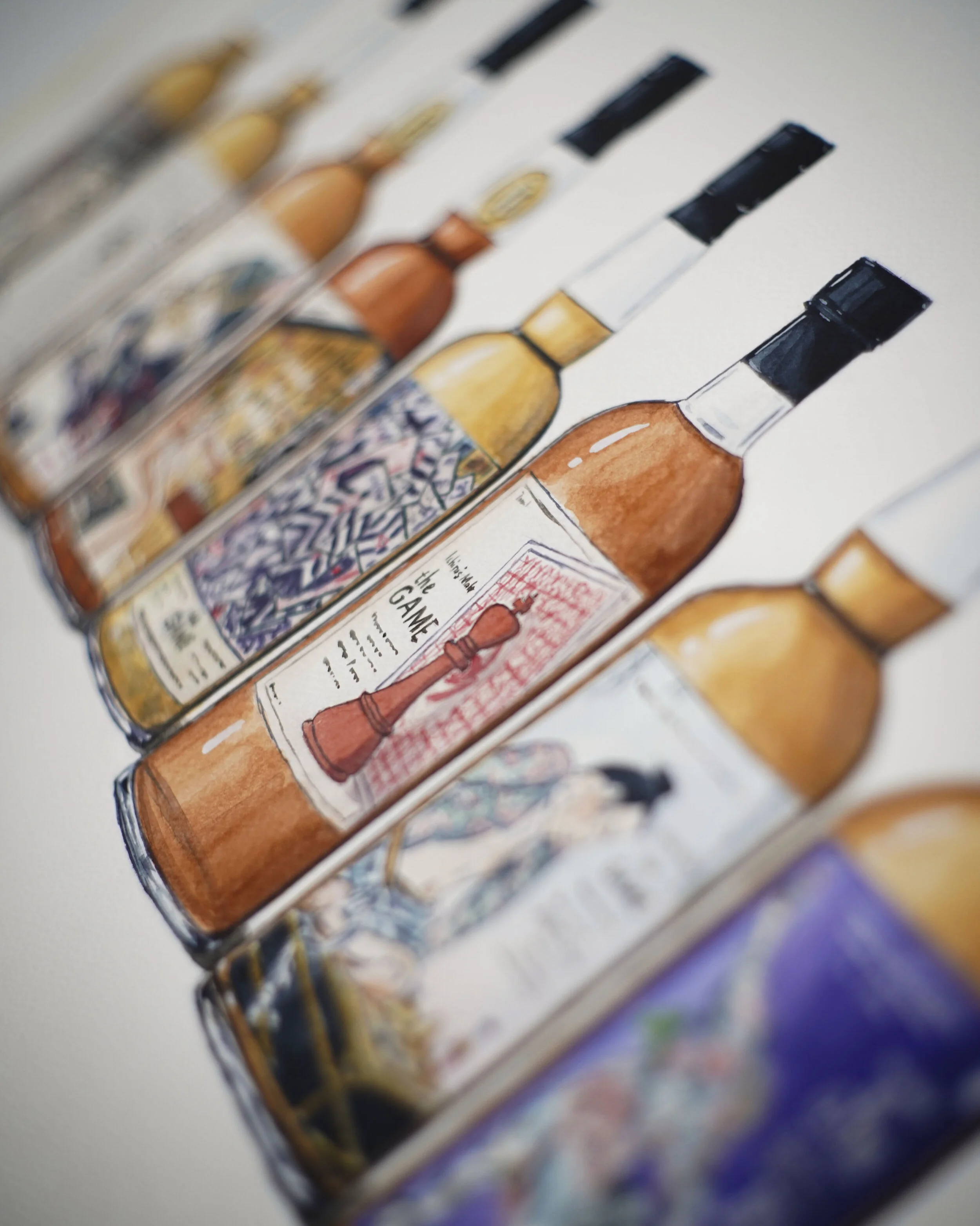 Original Watercolor Painting - Ichiro's Malts The Game Bottles