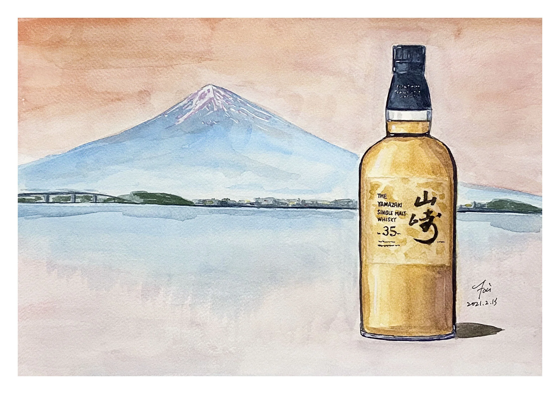 Yamazaki 35YO w/ Mt. Fuji - Original Watercolor Painting 