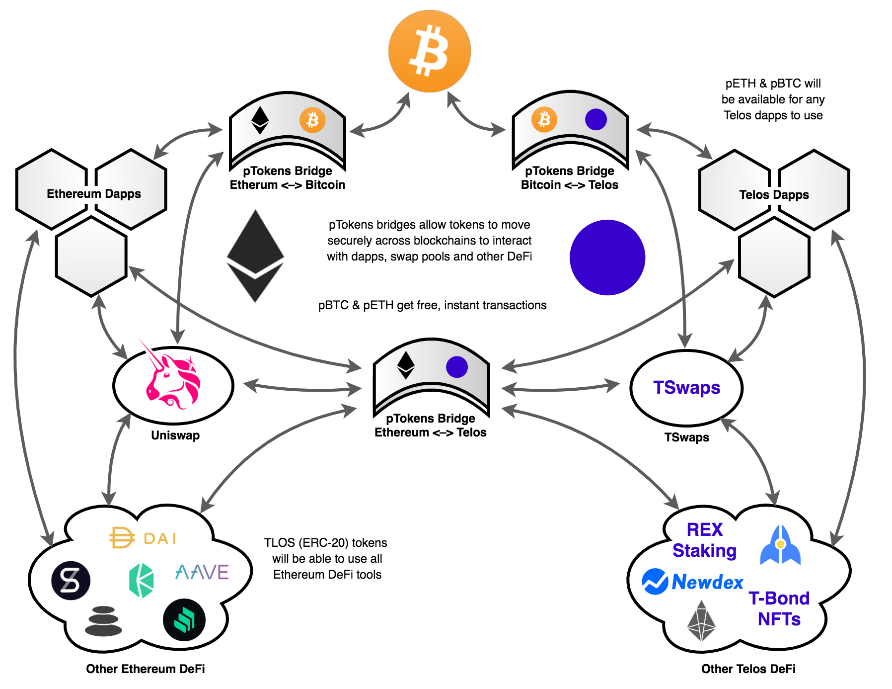 The combination of pTokens bridges, liquidity pools, dapps and other DeFi tools create a rich, synergistic and mutually beneficial ecosystem between Telos and other blockchains.