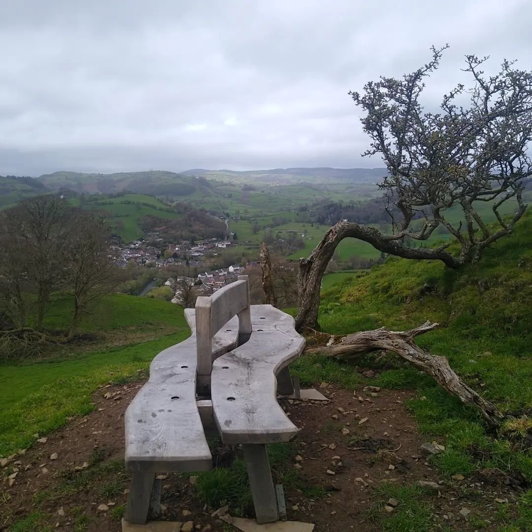 A lovely break from writing to have a walk above Llanfyllin with a friend . Sat and pondered on not one, but two memorial benches in the hills. One was wooden and wavy, nestled in a bit of shelter with a twisted hawthorn beside it, a good pace to get