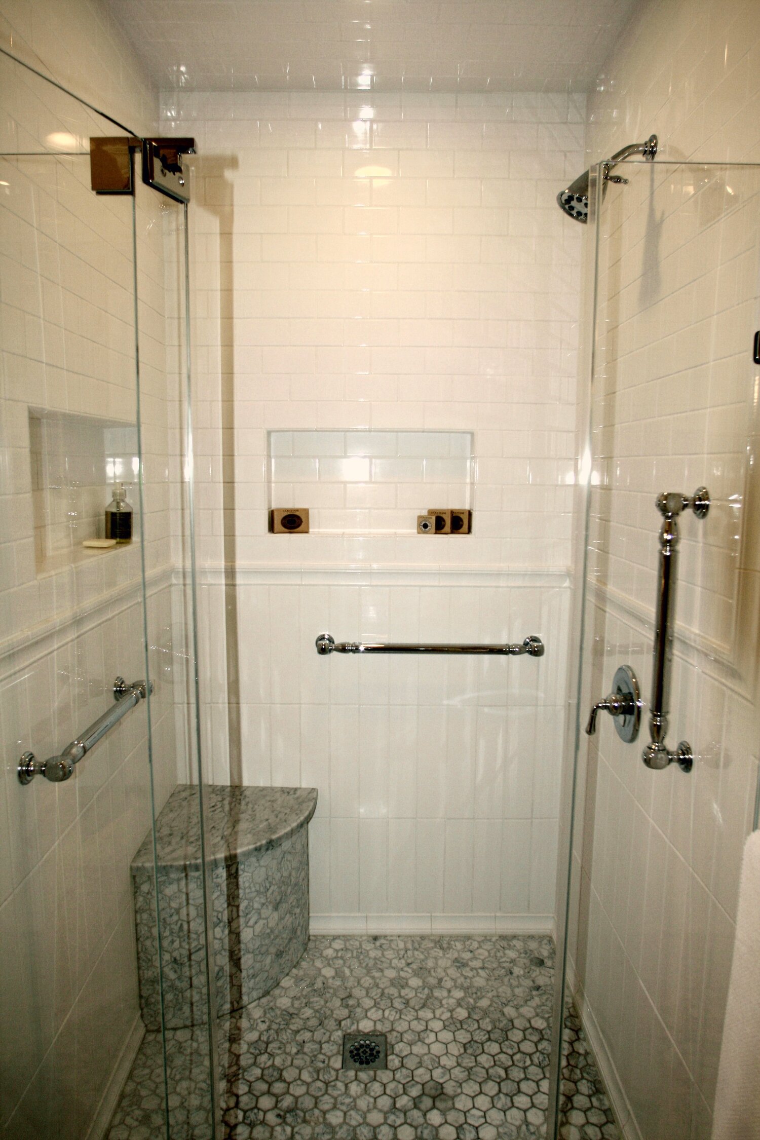 Aging In Place White Bathroom With Grab Bars Subway Tile Example Grab Bars Subway Tile