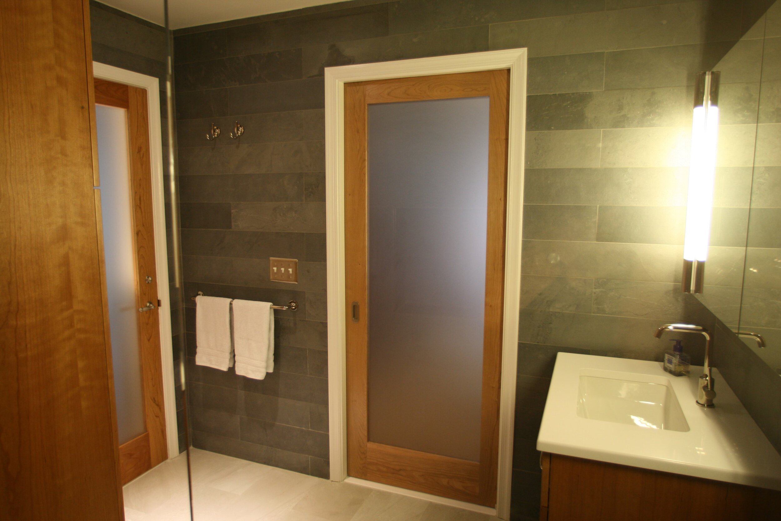 Grey Bathroom Remodel Interior Designer in Hoboken NJ - LM Interior Design of Essex County NJ - Single Sink Slate Tile