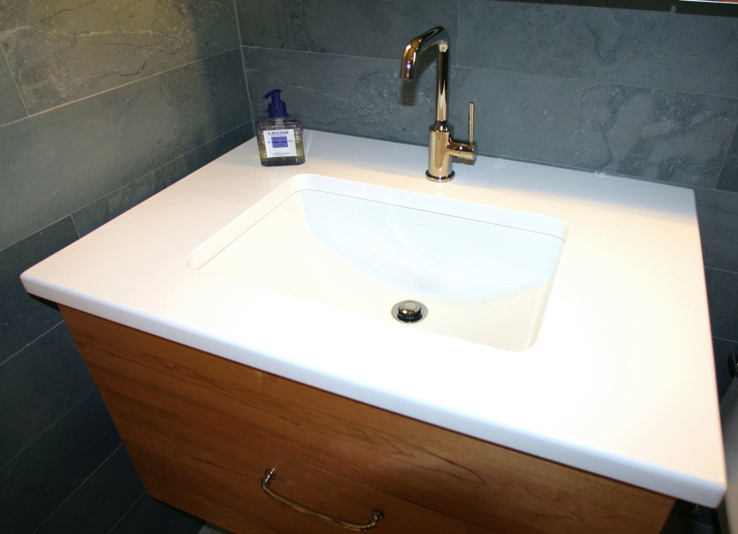 Grey Bathroom Remodel Interior Designer in Hoboken NJ - LM Interior Design of Essex County NJ - White Sink