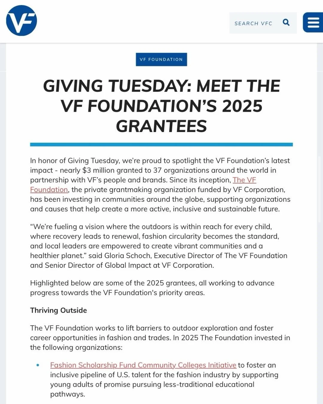 Thank you to our supporters at VF Corporation and the @vfc_foundation for your support of our FSF Community College Program, and for including us in the recent article about your #GivingTuesday efforts! Swipe to see a video of our Community College S