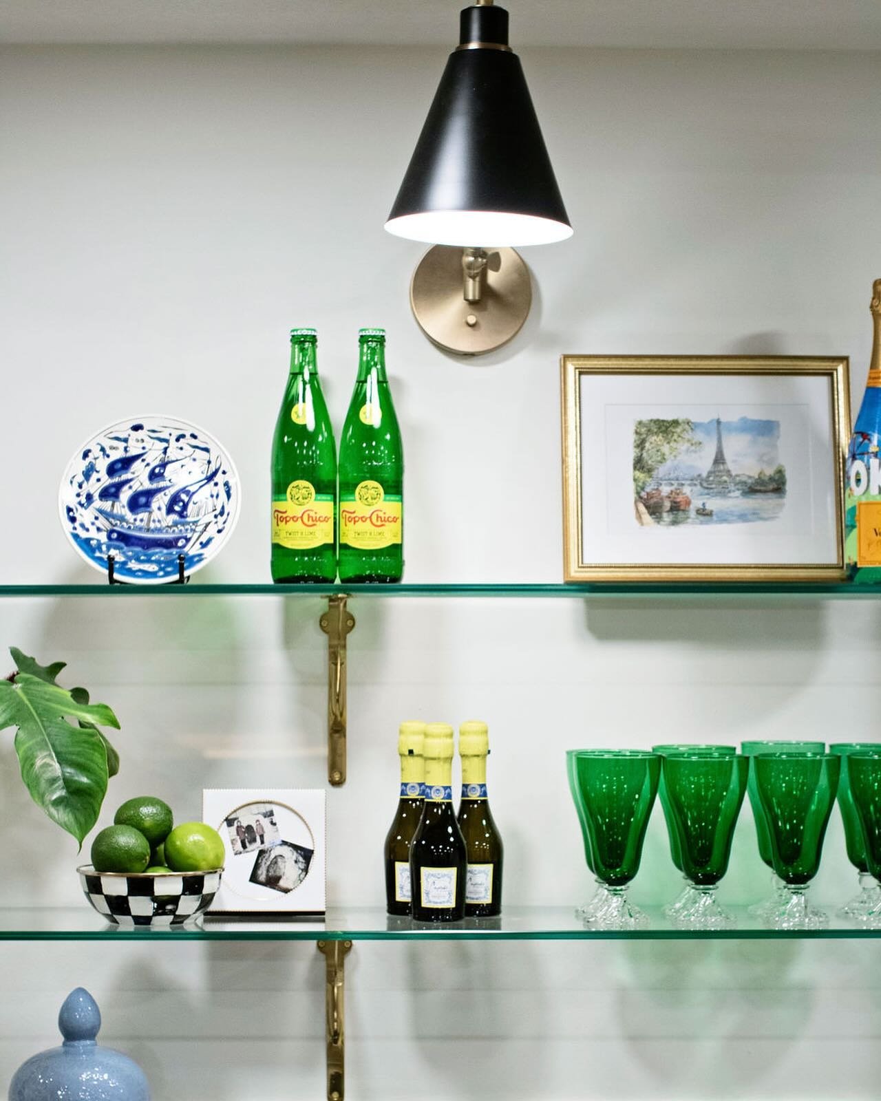 my client&rsquo;s green glasses from her grandmother added the perfect pop &amp; story. it&rsquo;s always in the mix.💚 #shelfie #basementremodel #howyouhome #greeninteriors #stylemyhome