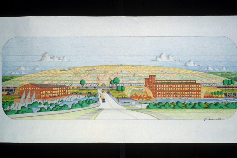  The 1979 illustration by John Anderson that depicts a vision for the Winooski Dome from the vantage point of Colchester Avenue. 