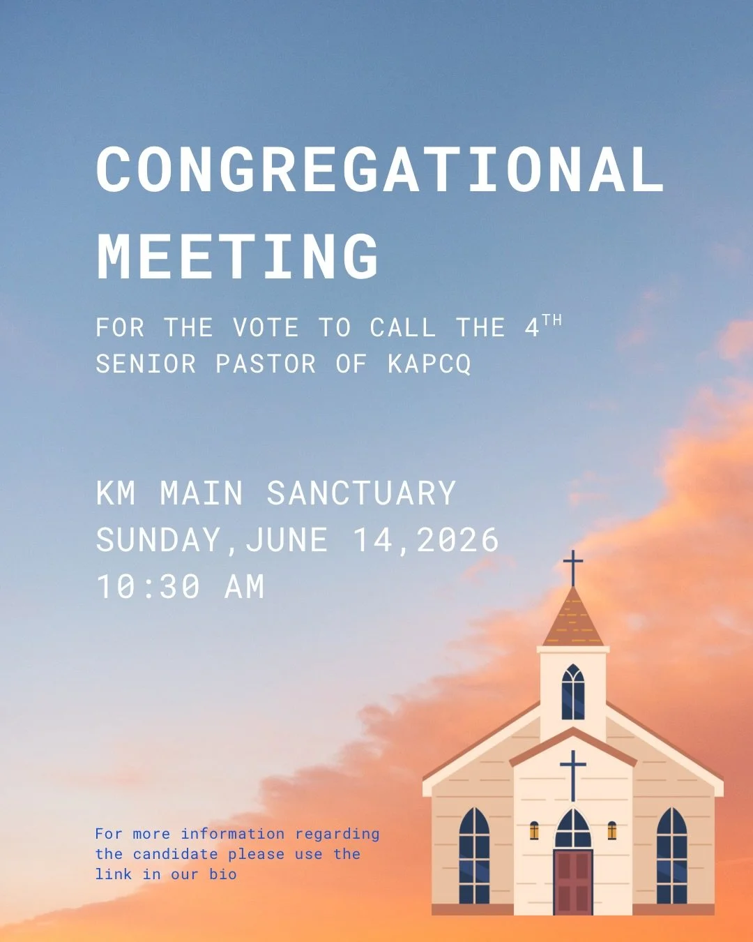📣This Week&rsquo;s Announcements

🔹We encourage all members to attend the KM worship service next Sunday, 6/14 at 10:30AM with the candidate for Senior Pastor as the guest speaker. It will be followed by a voting session for congregational members 