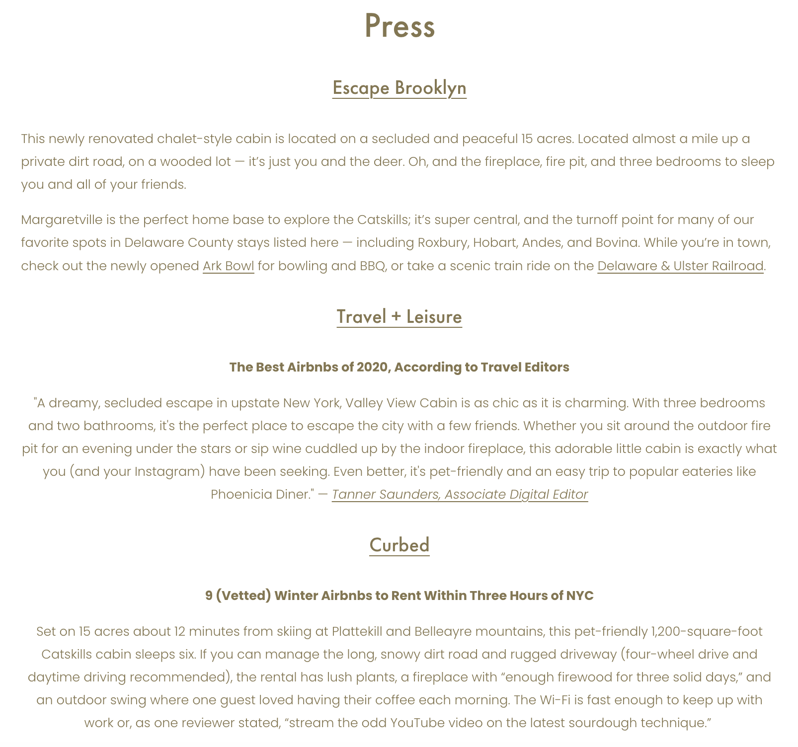 Screenshot of Valley View Cabin's Press page