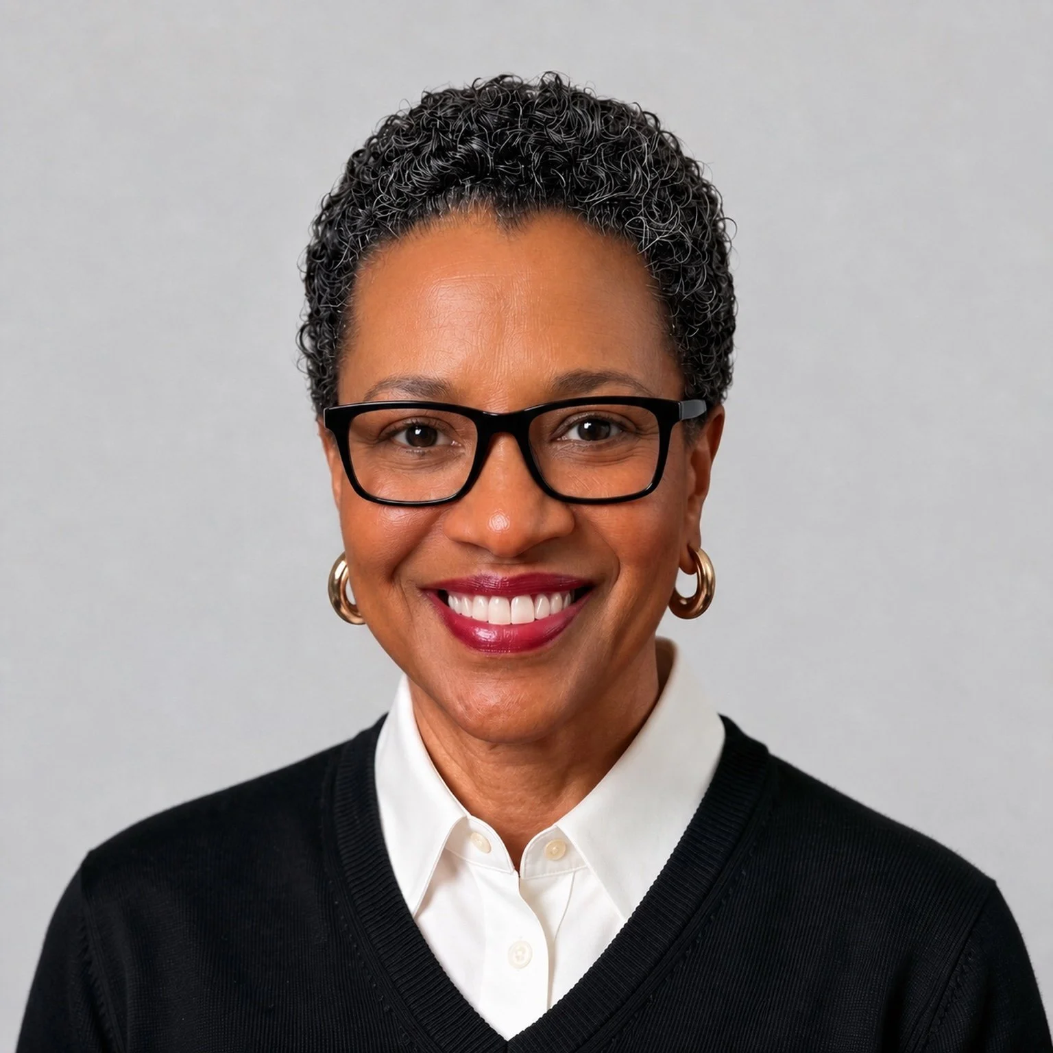 Linda Keene smiling in black glasses, a white shirt, and a black sweater.