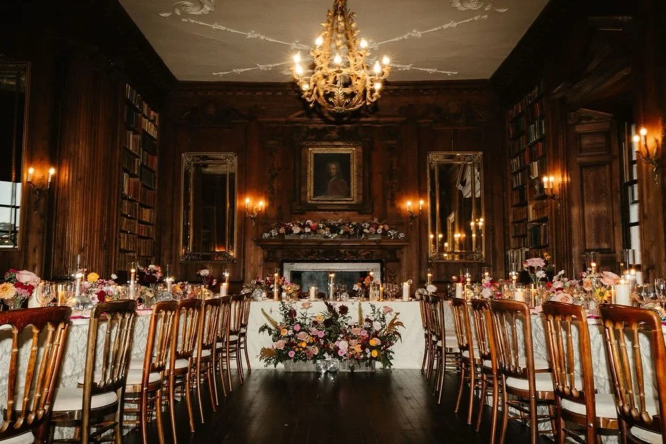 We love this dining set up from Casey + Tom&rsquo;s wedding at Gilmerton House earlier this year; the top table in front of the mantelpiece is just show stopping!

The stunning wood-panelled Music Room at Gilmerton can seat up to 50 for dinner 🍽️ 

