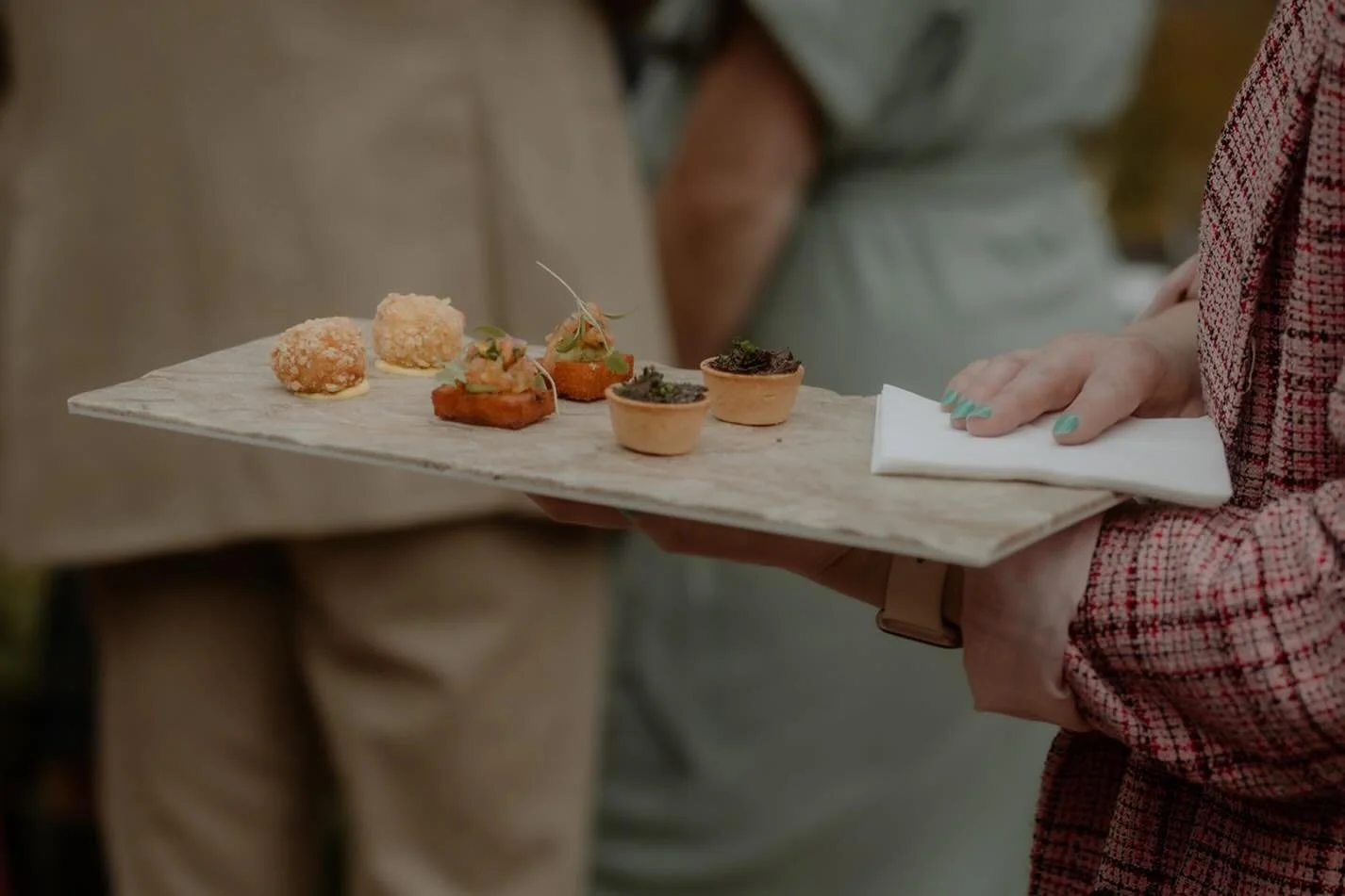 Personal canap&eacute; boards for the bride + groom - essential we think!

Your drinks reception can be such a hectic part of the day as you try to hug + kiss + high5 your way through as many of your guests as possible, have pictures taken and enjoy 