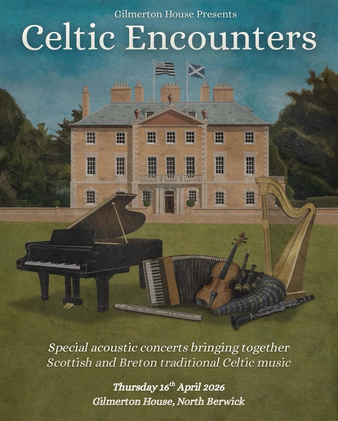 Join us at Gilmerton House for Celtic Encounters: where beautiful music meets delicious indulgence.  Enjoy a delightful spread of cakes, pastries and sandwiches during the afternoon concert, followed by an irresistible selection of French and Scottis