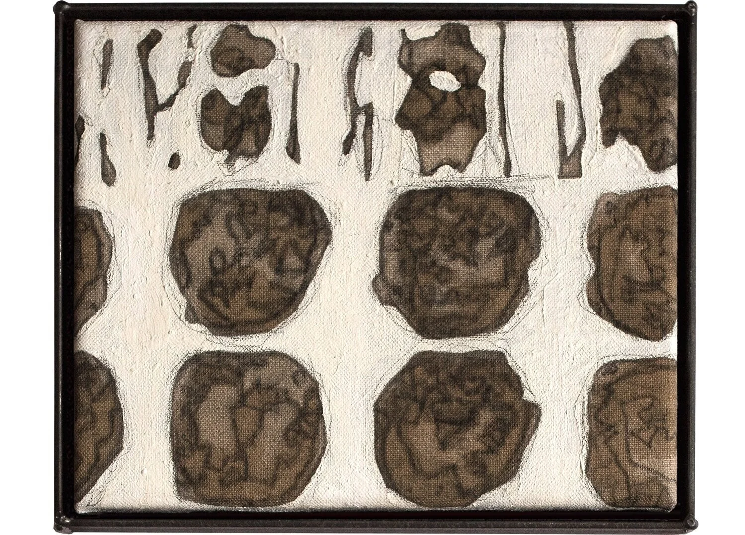    K(need) 1, 2019. 22 x 27 cm graphite, oil on canvas, steel       