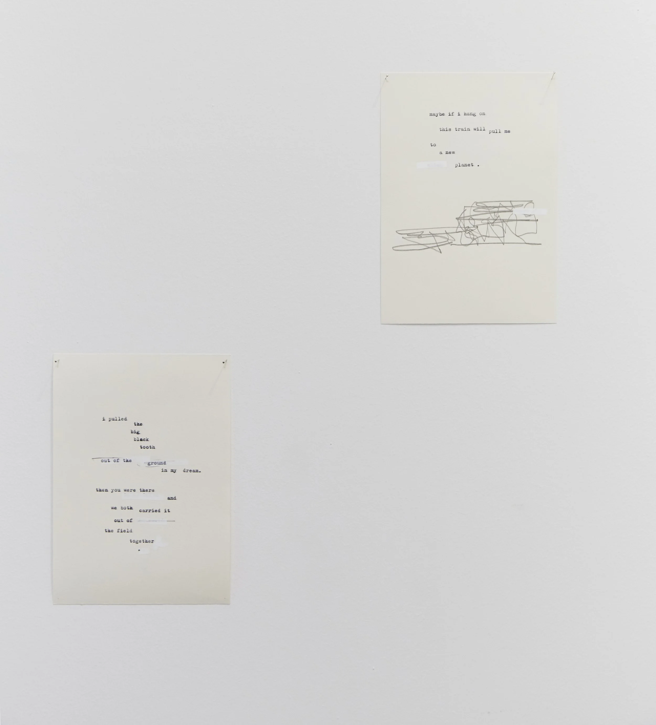   The Tooth  and  This Train , 2022 14.8 x 21 cm (each) Ink, graphite and correction tape on paper   Image by Alena Schmick.    