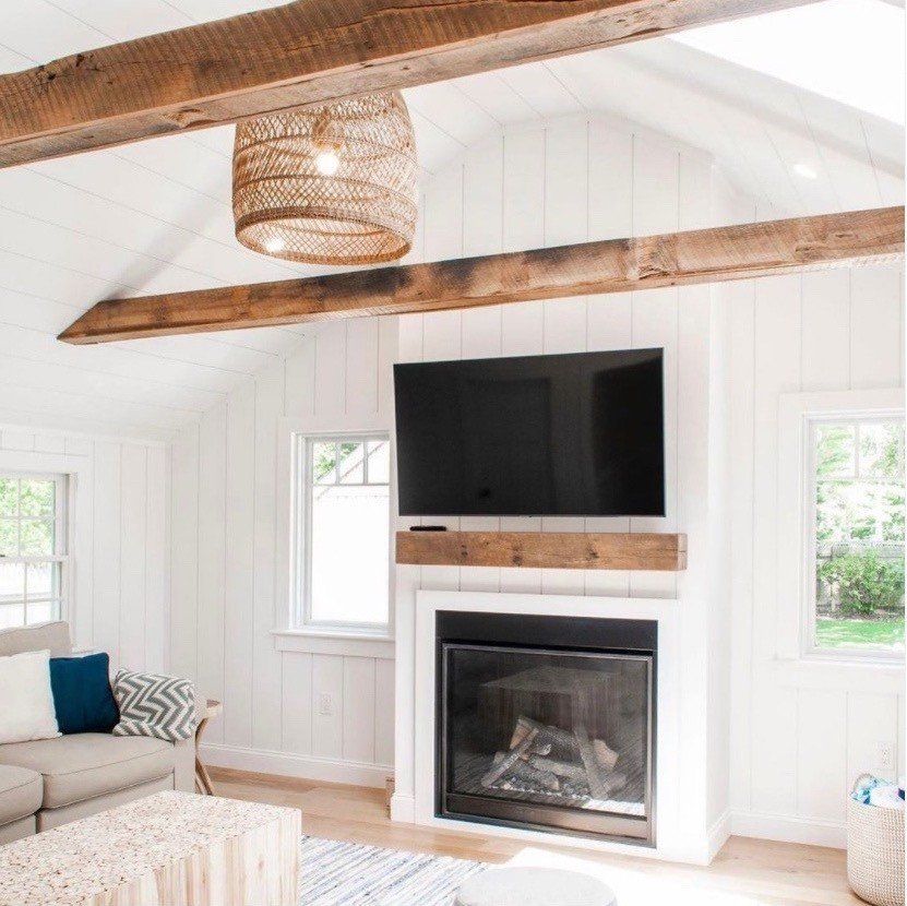  Oak beam wraps and mantel. Photo by Wendy Burns of  @ostervillecottage  
