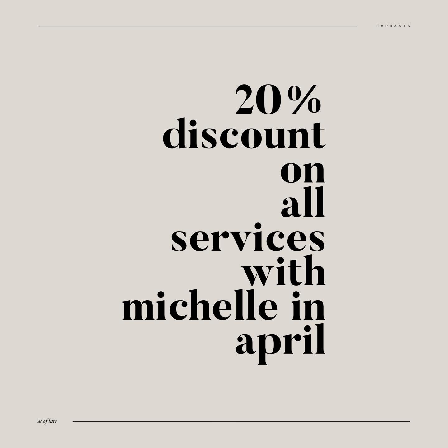 📣 Don't miss out on our amazing deal this month! Enjoy 20% off all services with Michelle, our talented senior stylist. She has over 14 years of hairdressing experience and has been undergoing refresher training with Tom to bring you the latest tren