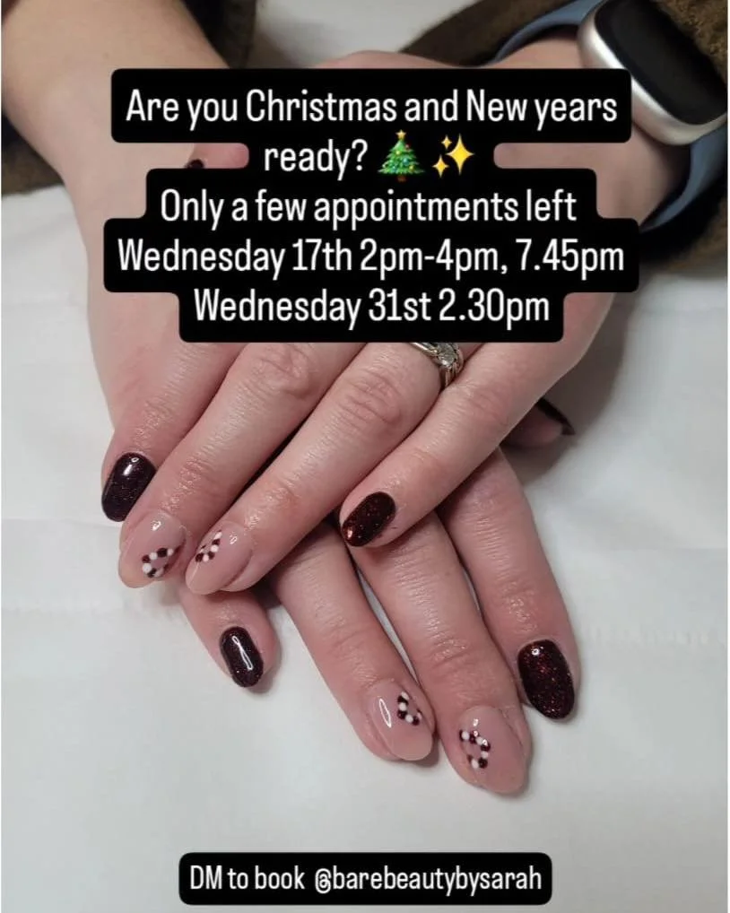 ✨ Last chance before Christmas! ✨
Our fabulous beautician Sarah has a few final appointments available before Christmas 🎄

To make it even sweeter, Sarah is offering 10% off all treatments until the end of 2025 ✨
Offer valid exclusively with Sarah.
