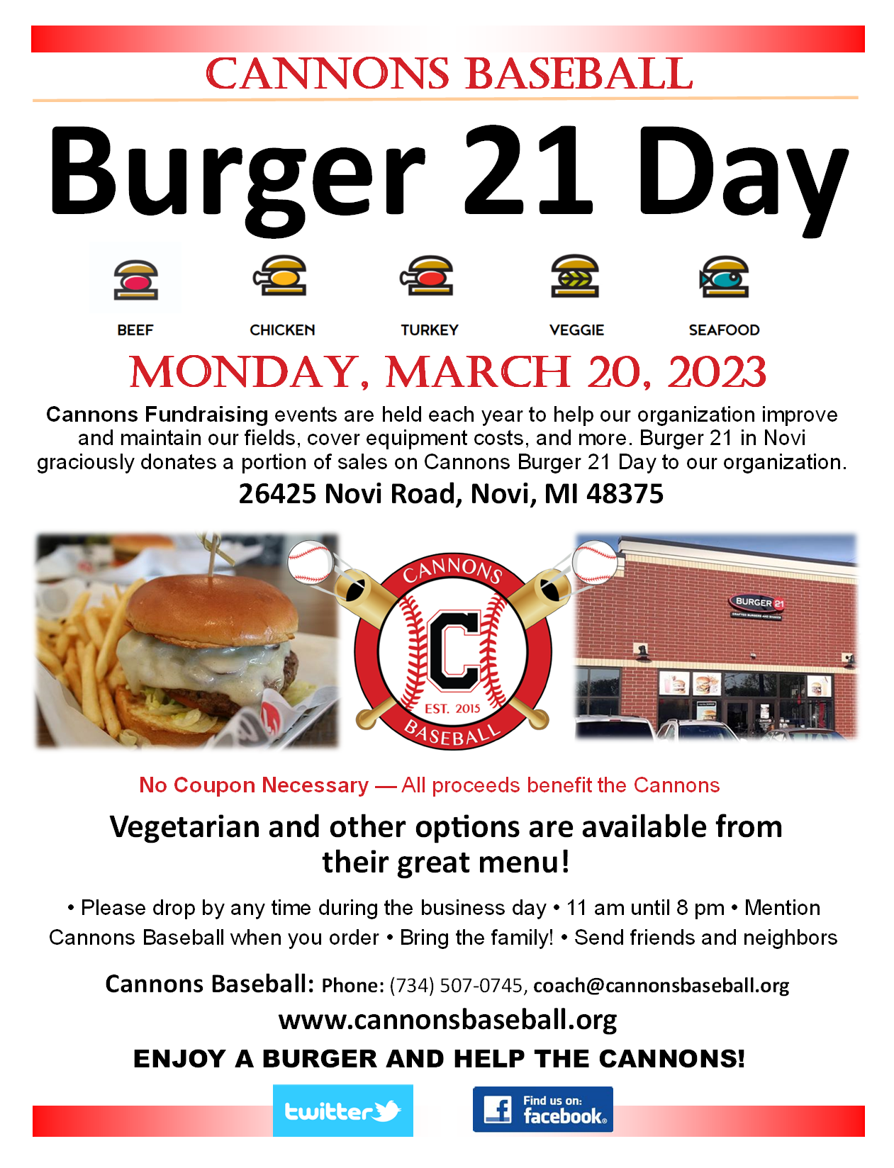 Burger 21 Cannons Fundraising Day March 20 in Novi