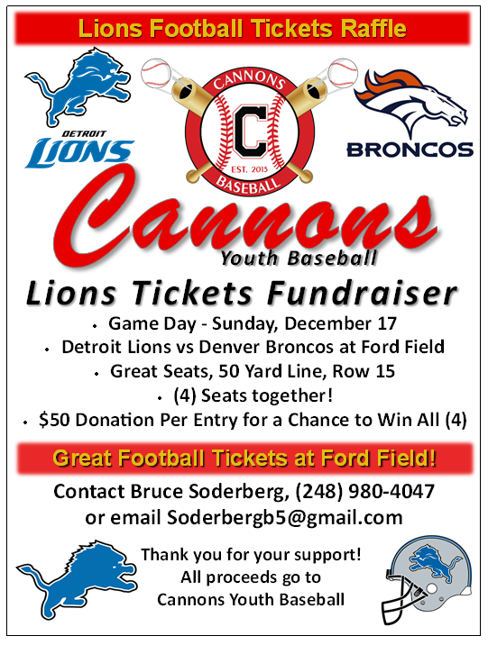 Let's Go Lions and Let's Go Cannons! Contact Bruce to get your tickets for this Cannons Baseball fundraiser chance ASAP. Go Lions!