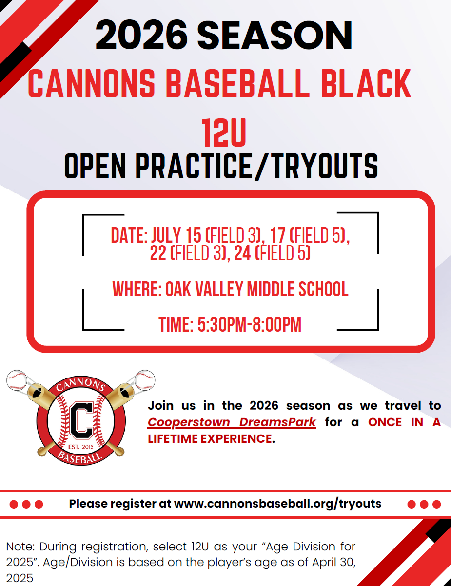 Cannons Baseball 12U Tryouts Coming Soon for 2026 Teams…