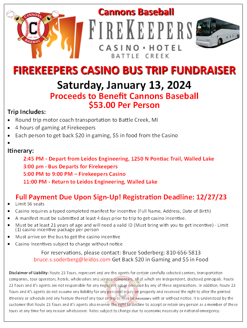 Cannons Baseball Casino Bus Trip Fundraiser — Cannons Baseball