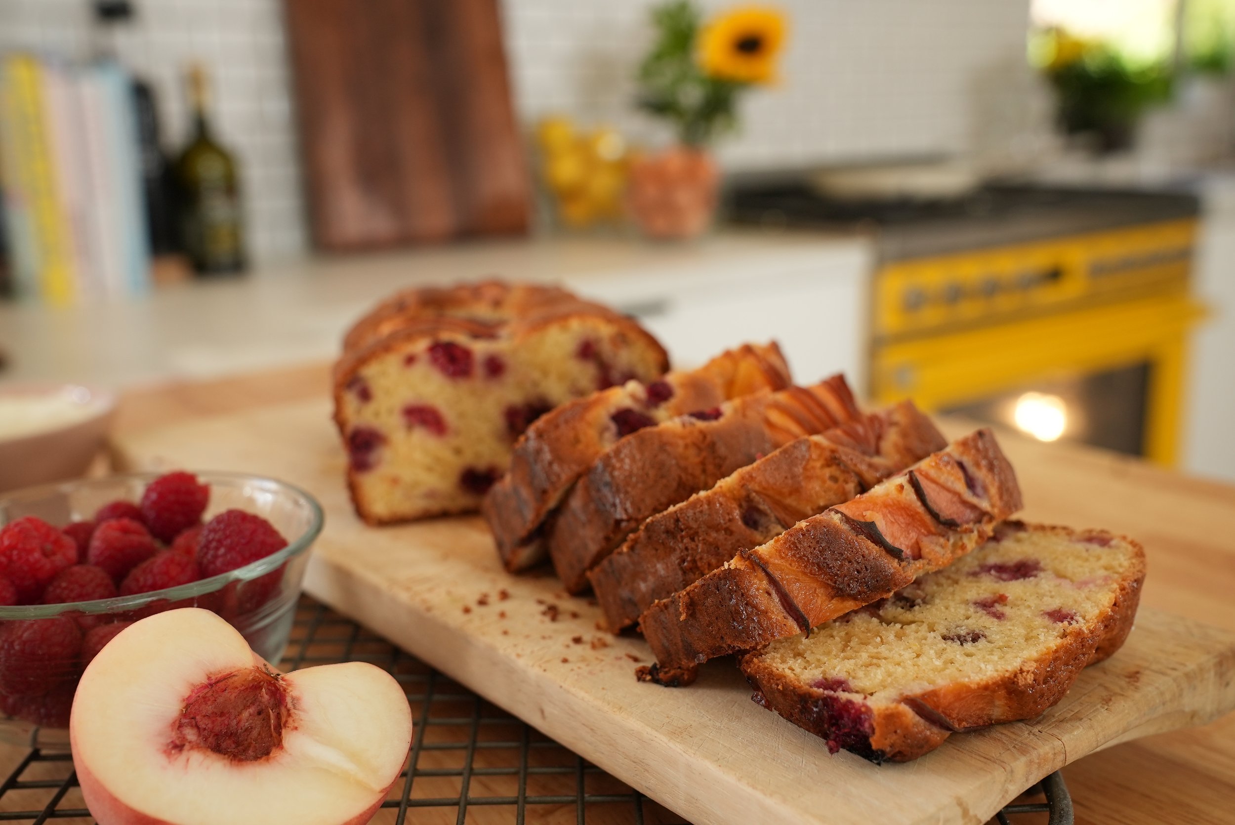 Mascarpone, raspberry and peach loaf