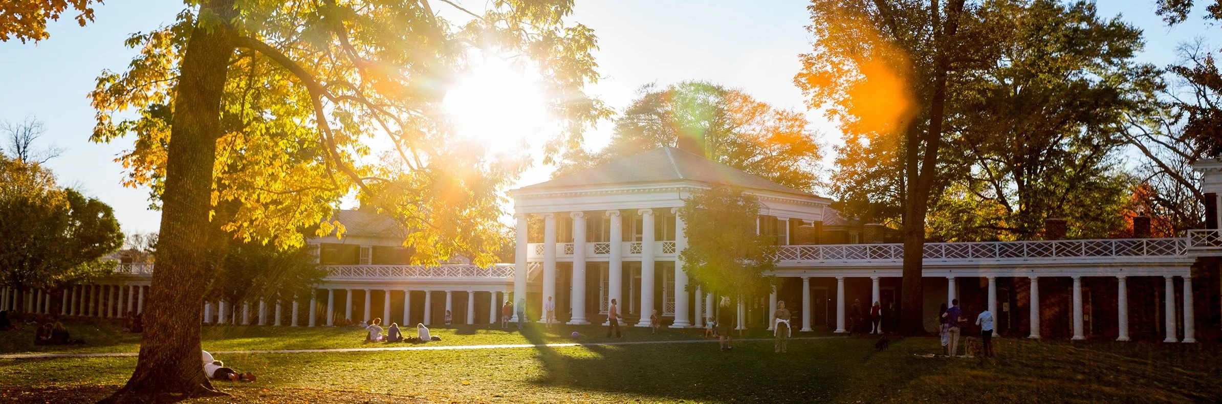 The Lawn at the University of Virginia with sunlight shining through the trees