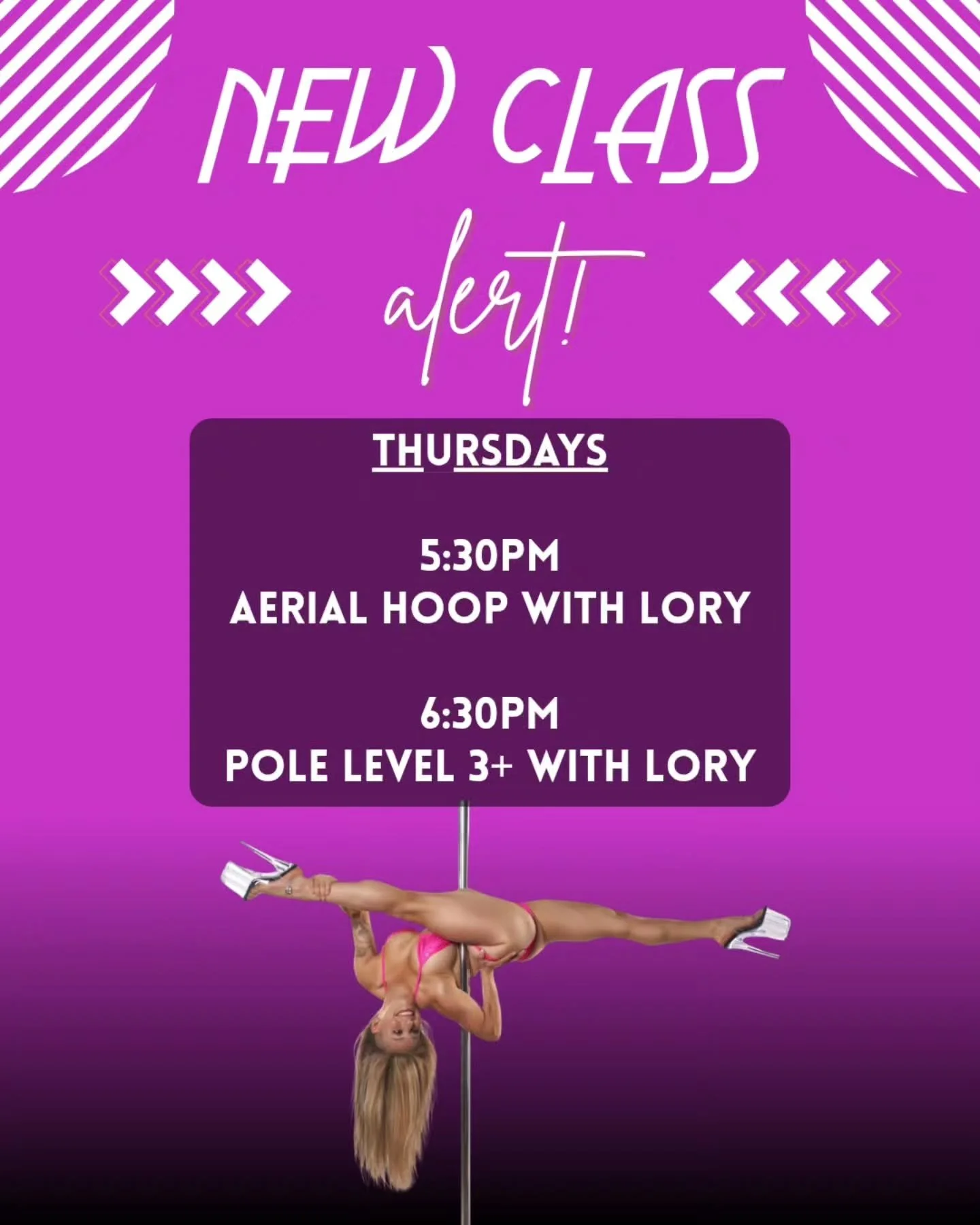 Our Spring Schedule is under construction and we are kicking off the changes with the 2 MOST REQUESTED classes of all, #aerialhoop and #advancedpole with the one and only @lorylaceentertainmentllc 😍💯💪🔥 We are so excited to welcome Lory to Thursda