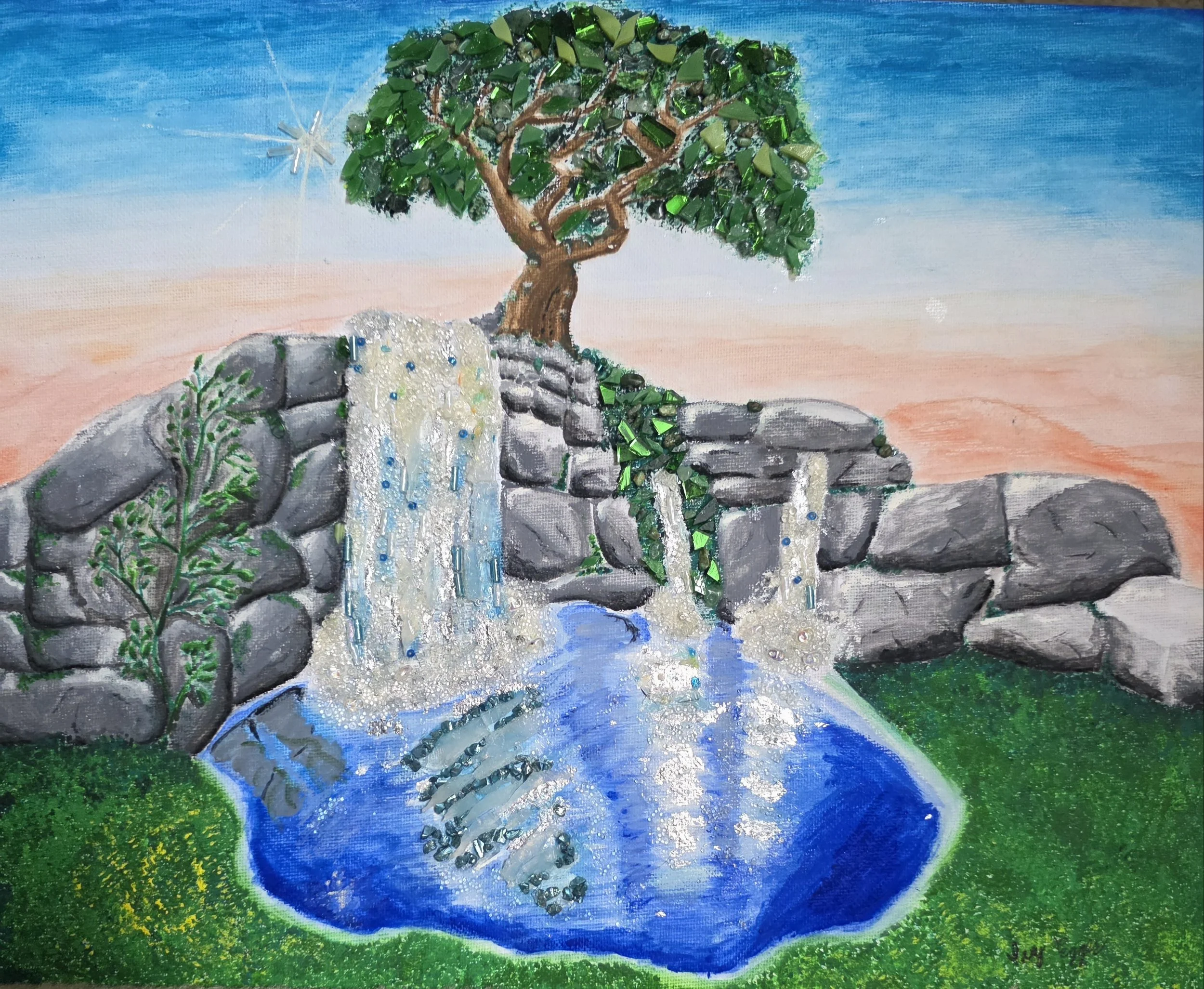 Artwork: green, brown tree, gray rocks, blue, orange sky, white sun, green grass, blue water, white waterfall, green vine