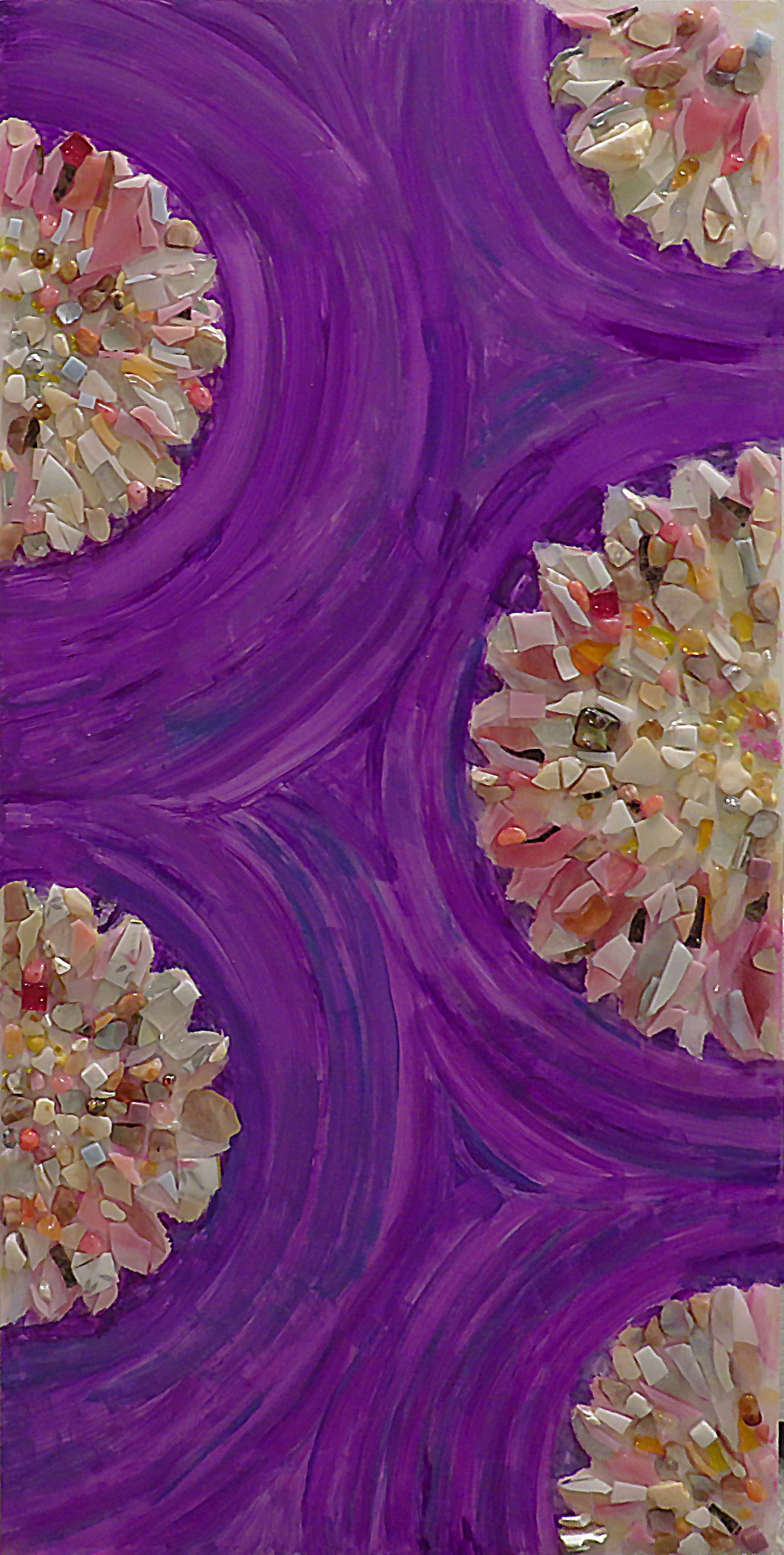 Artwork: purple circles, white and pink mosaic flowers