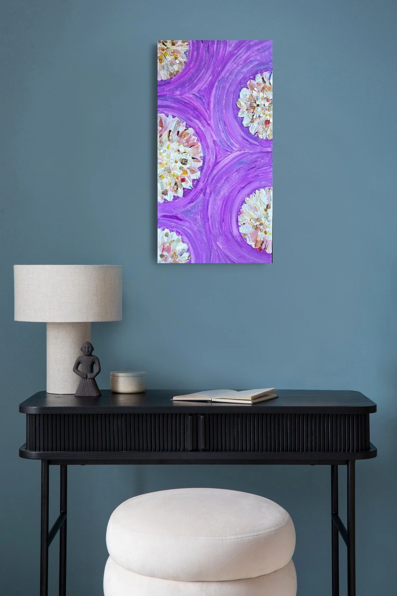 Artwork: purple circles, white and pink mosaic flower
