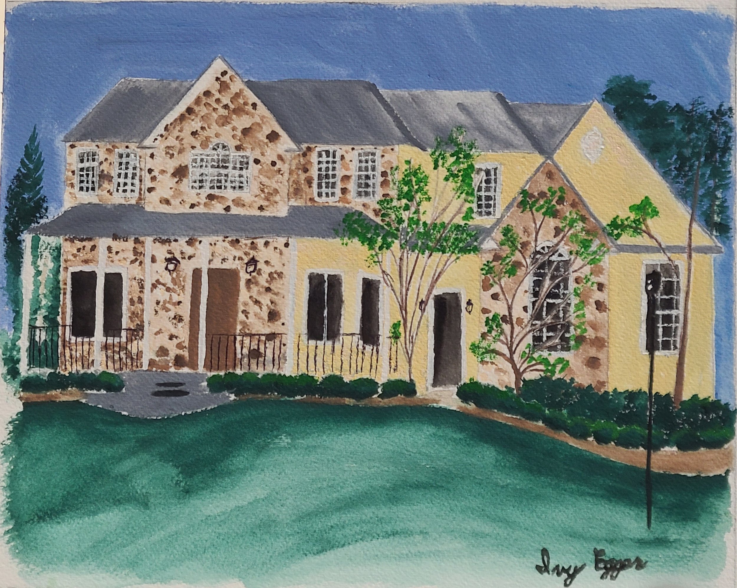 painting, yellow, brown house, green grass, trees