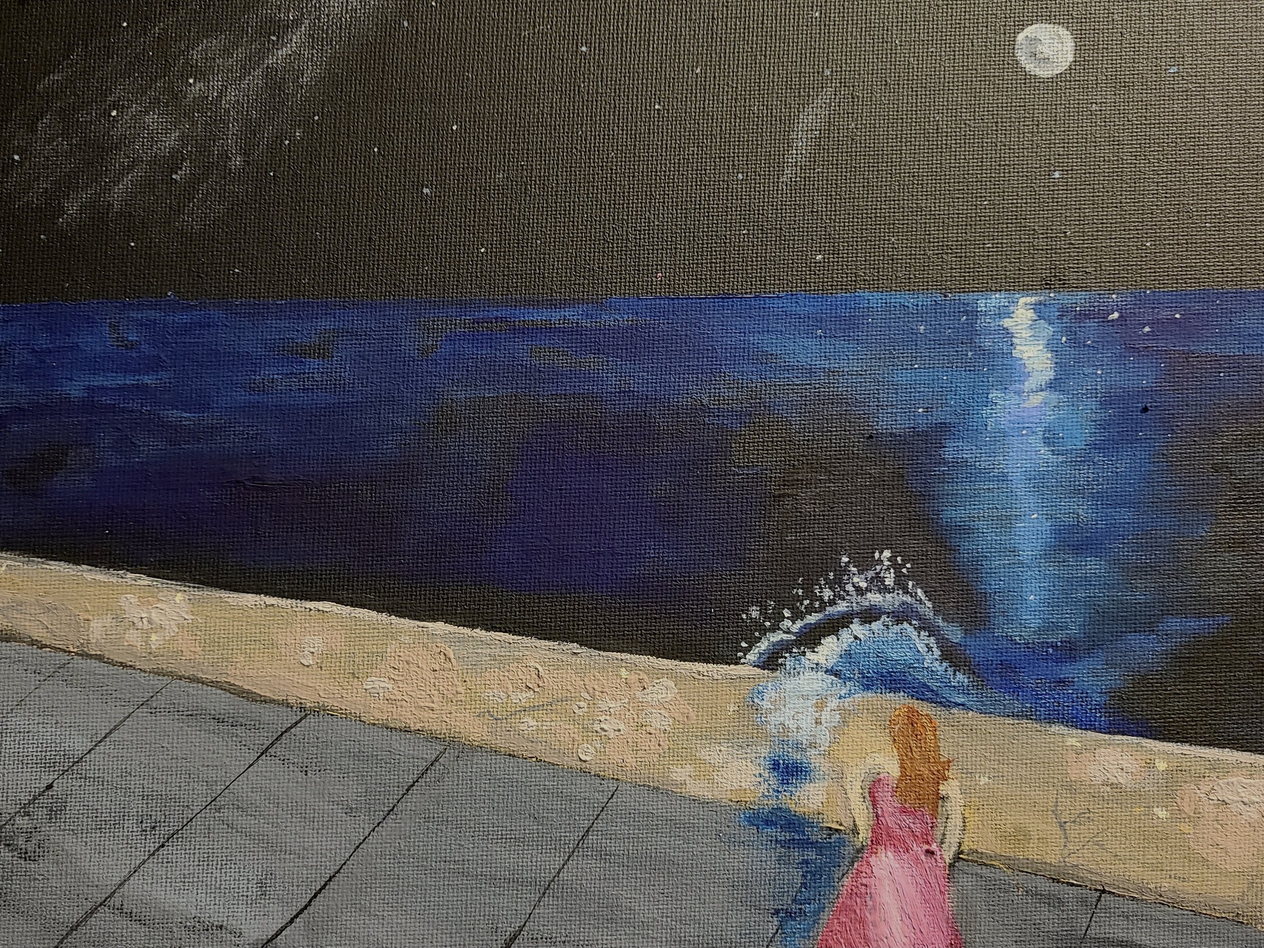 painting, black sky, white moon, gray boardwalk, female figure, pink dress, dark blue ocean, yellow seawall
