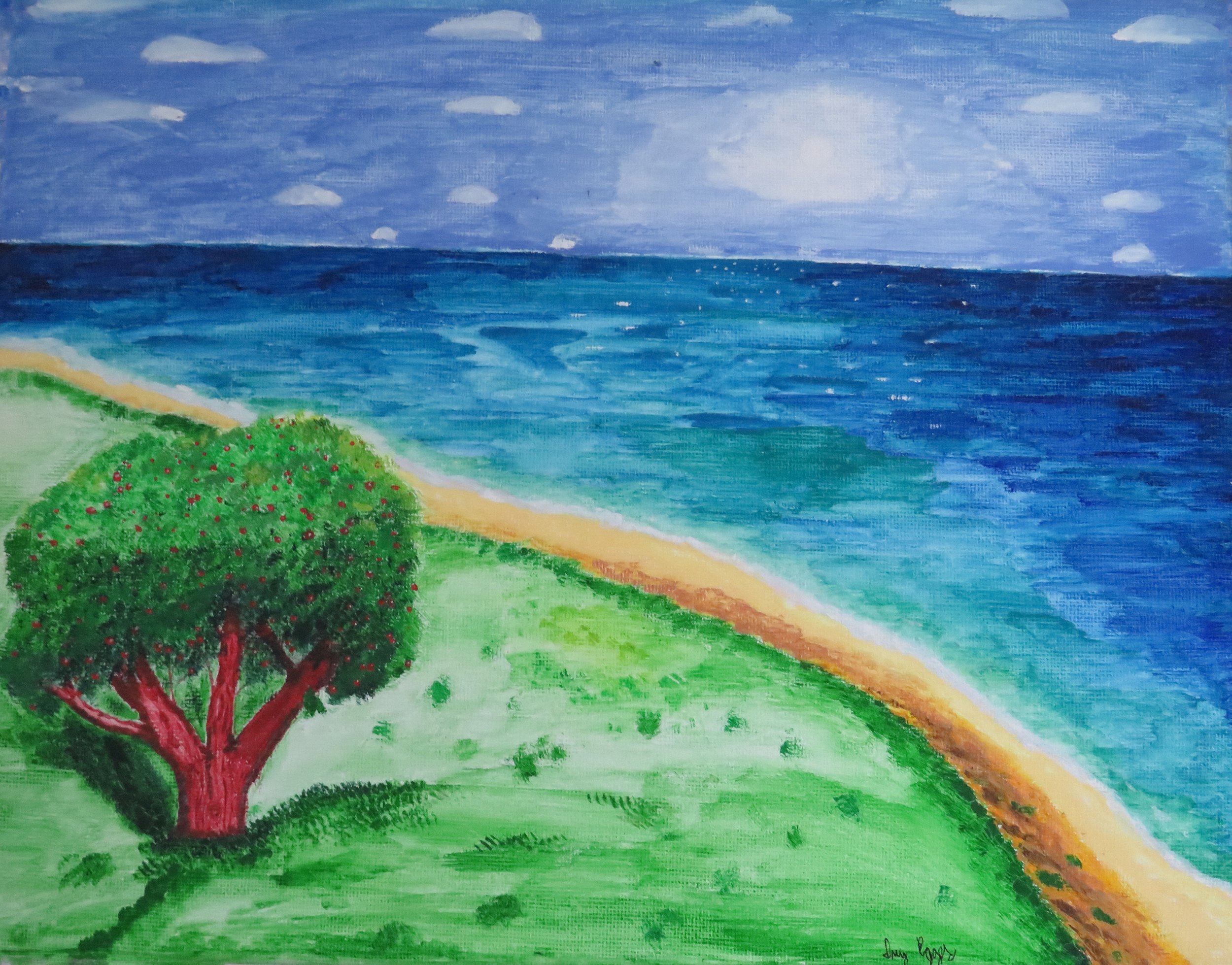 Artwork: blue sky, blue water, beige beach, green grass, green leaves on cherry tree